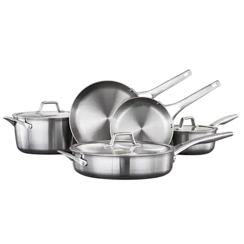 A stainless steel cookware set includes two frying pans, a sauté pan with lid, and a stockpot with lid, along with a saucepan with lid.