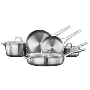 A stainless steel cookware set includes two frying pans, a sauté pan with lid, and a stockpot with lid, along with a saucepan with lid.