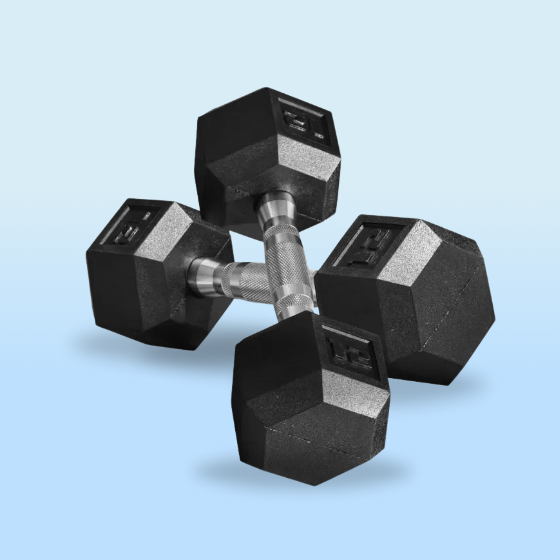 Two hex dumbbells with knurled metal handles on a light blue background.