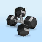 Two hex dumbbells with knurled metal handles on a light blue background.