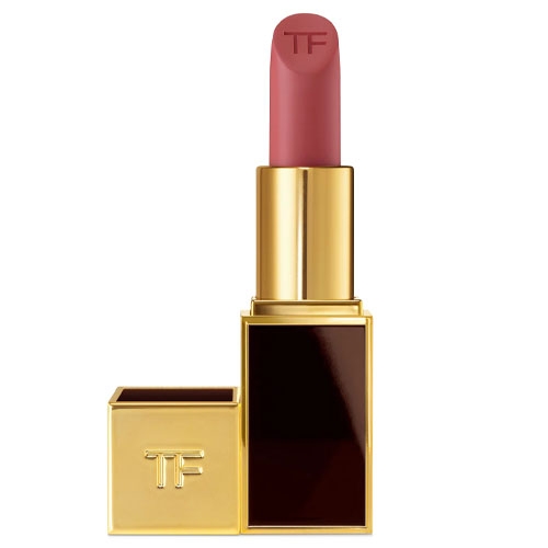 A gold-cased lipstick features a rose shade with \“TF\“ embossed on the top and cap, characterized by a sleek and glossy finish.