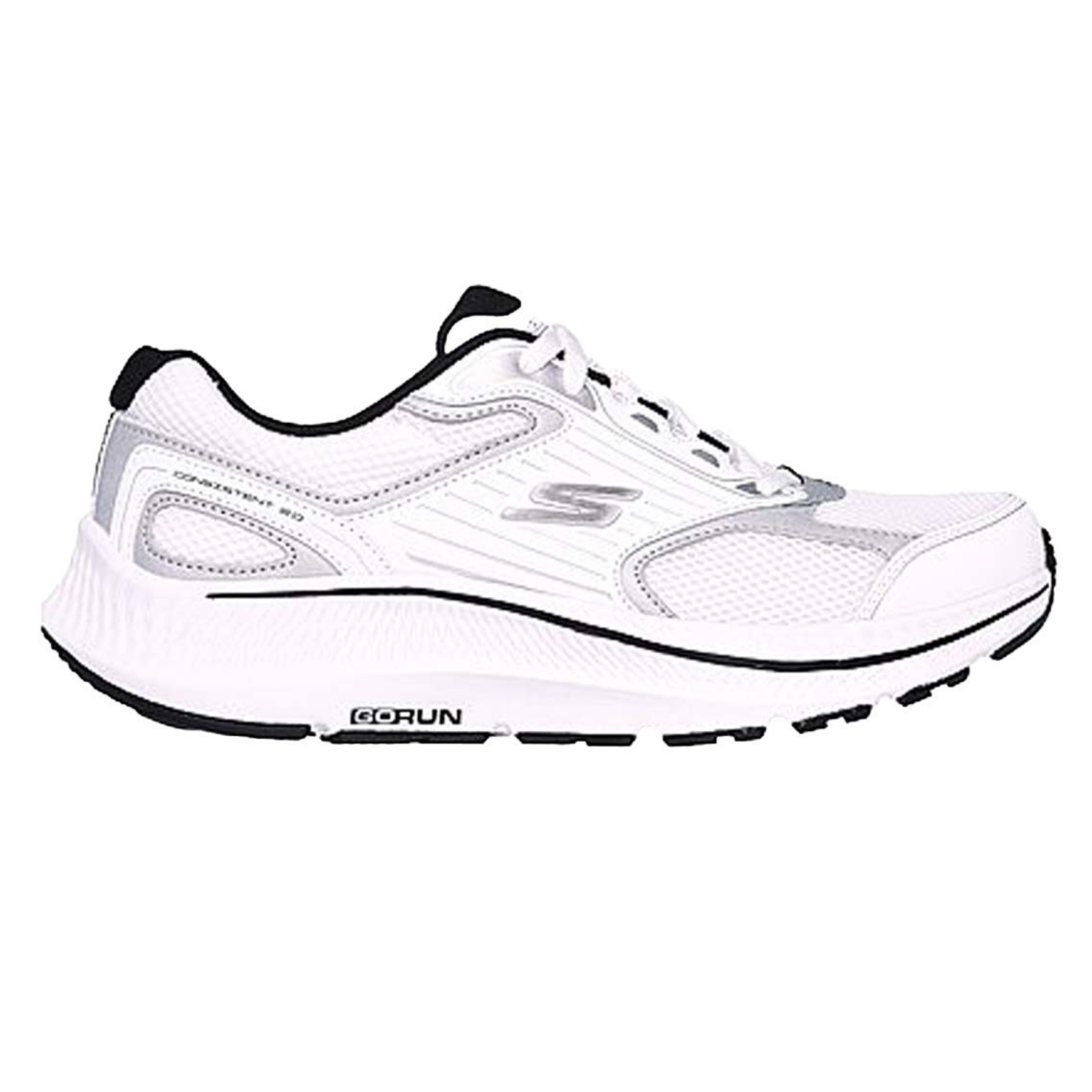 White athletic shoe with black accents, featuring mesh panels for breathability. Includes a cushioned midsole labeled \“Go Run,\“ ideal for running or exercise.