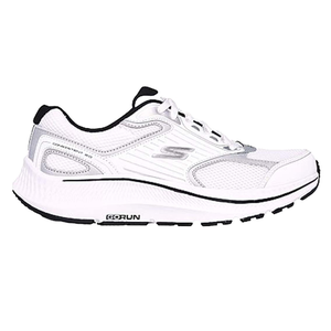 White athletic shoe with black accents, featuring mesh panels for breathability. Includes a cushioned midsole labeled \“Go Run,\“ ideal for running or exercise.
