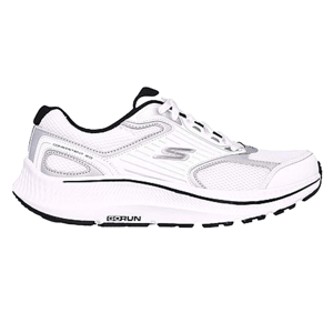 White athletic shoe with black accents, featuring mesh panels for breathability. Includes a cushioned midsole labeled \“Go Run,\“ ideal for running or exercise.