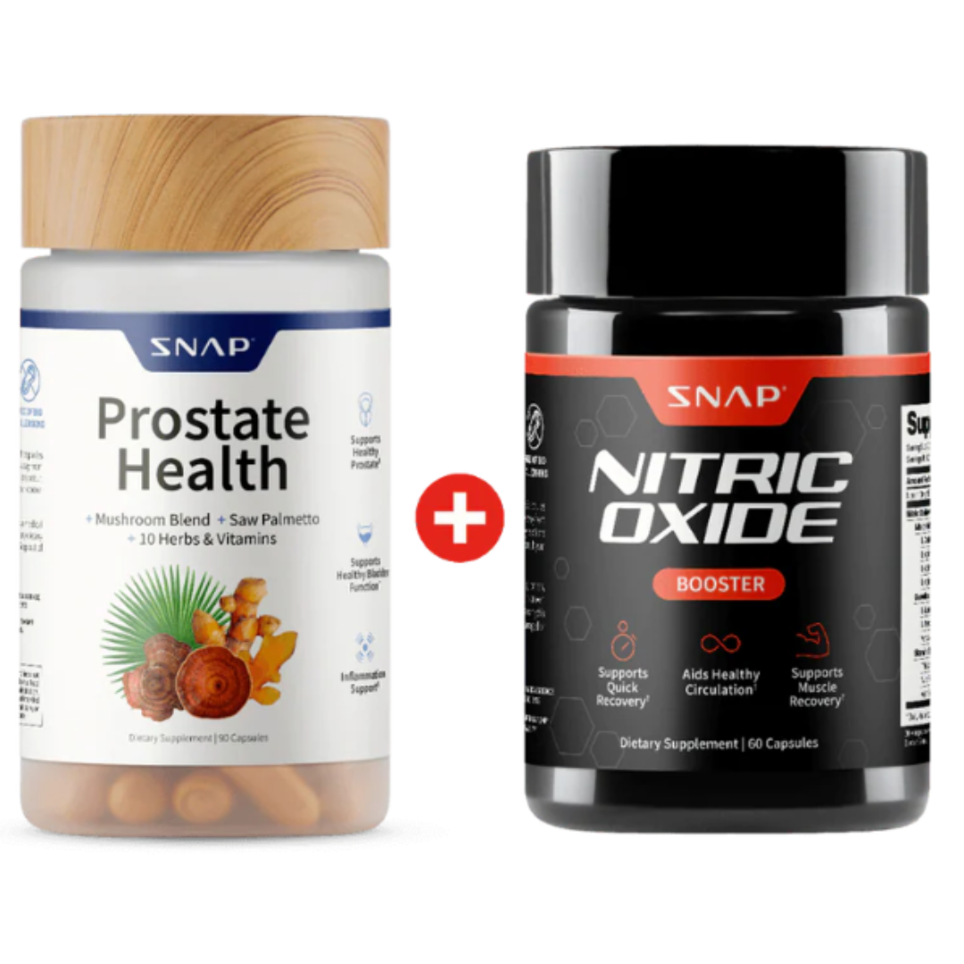 SNAP Prostate Health and Nitric Oxide Booster supplements; Prostate Health supports prostate and bladder function with a blend of herbs and vitamins, while Nitric Oxide aids circulation and muscle recovery. Both are dietary supplements in capsule form.