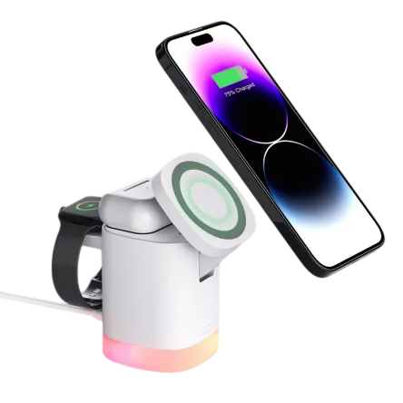 A multifunctional wireless charging station featuring a vertical phone charger and a detachable section for charging a smartwatch, with an illuminated base.