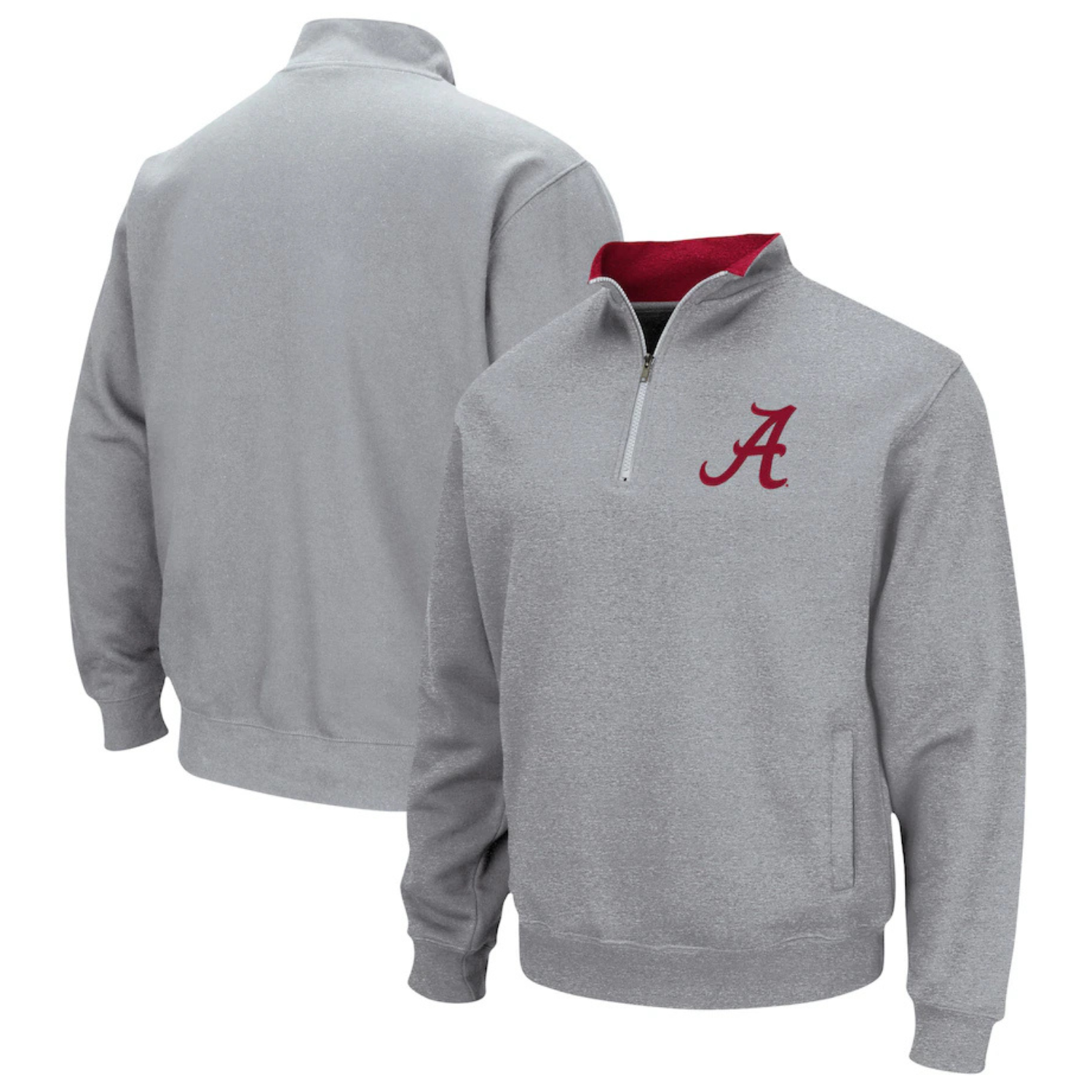 A gray quarter-zip pullover with a maroon \“A\“ logo on the front, featuring a maroon lining and side pockets.