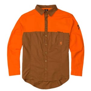 A two-tone long-sleeved shirt with an orange upper half and brown lower half, featuring a button-up front and a small logo on the chest.