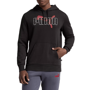 A person wears a black Puma hoodie featuring a prominent logo and gray pants with the Puma logo.