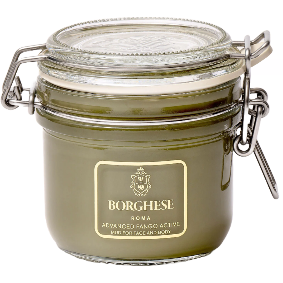 Borghese Roma Advanced Fango Active, a mud treatment for face and body, is packaged in a latch-sealed glass jar with a crest on the label.