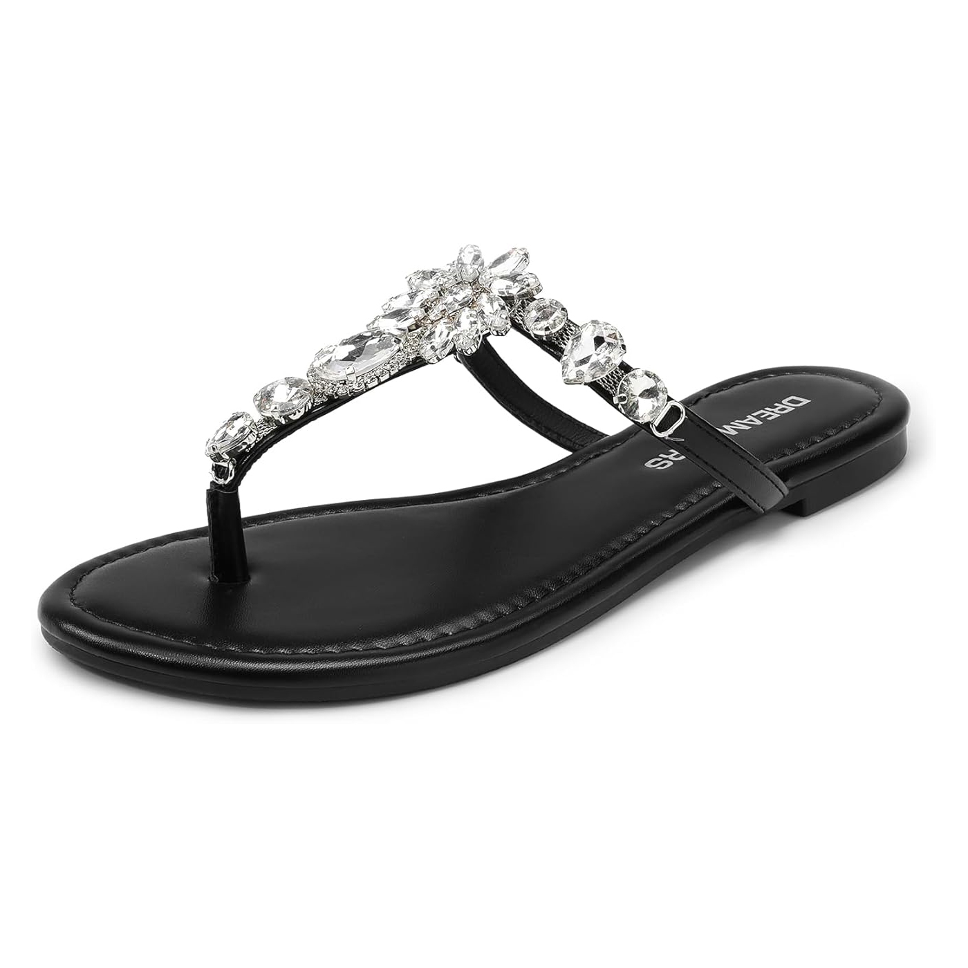 Black sandal with flat sole featuring a rhinestone-embellished T-strap design.