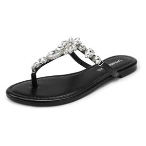 Black sandal with flat sole featuring a rhinestone-embellished T-strap design.