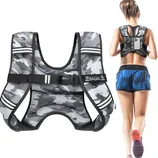 A camouflage running vest with adjustable straps and reflective elements, featuring a back pocket for holding a smartphone.