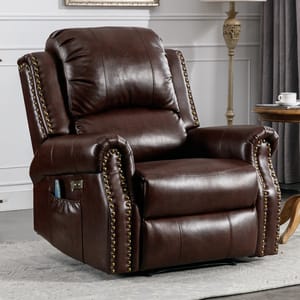 A brown leather recliner with nailhead accents and a side pocket.