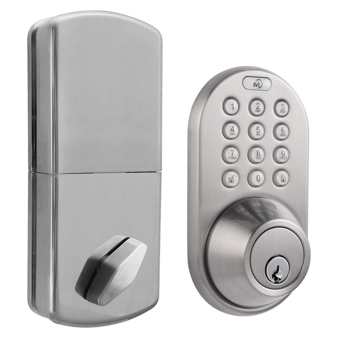 A silver keyless electronic deadbolt with a keypad for PIN entry on the front and a manual turn knob on the back, offering keyless entry and enhanced security for doors.