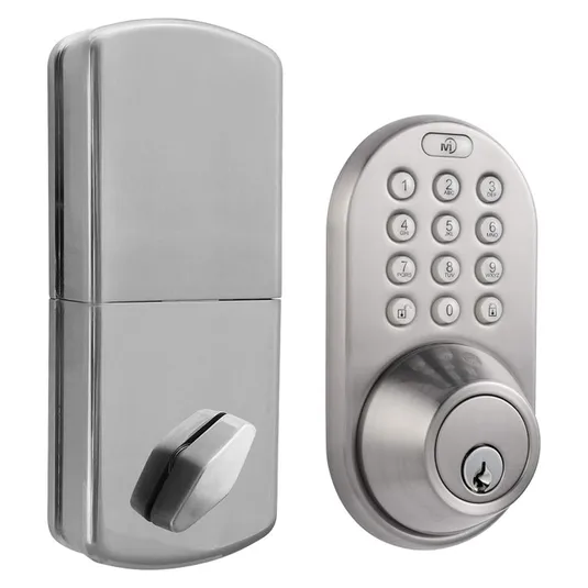 A silver keyless electronic deadbolt with a keypad for PIN entry on the front and a manual turn knob on the back, offering keyless entry and enhanced security for doors.