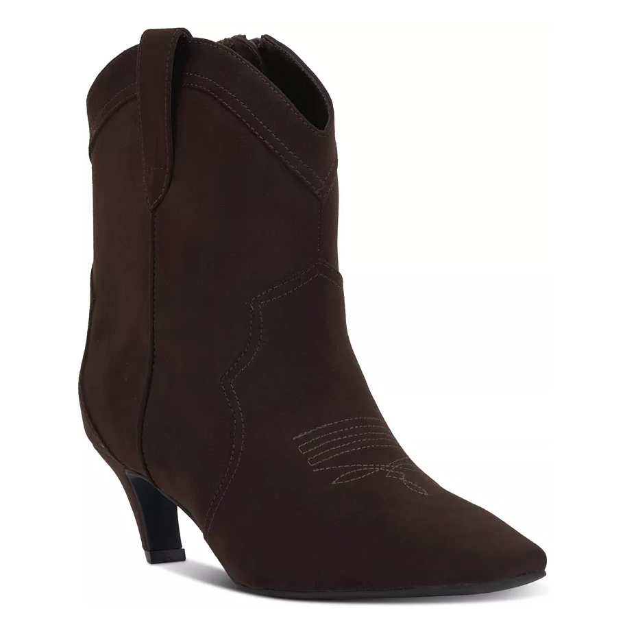 Brown suede cowboy boot with a low block heel and decorative stitching.