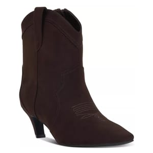 Brown suede cowboy boot with a low block heel and decorative stitching.