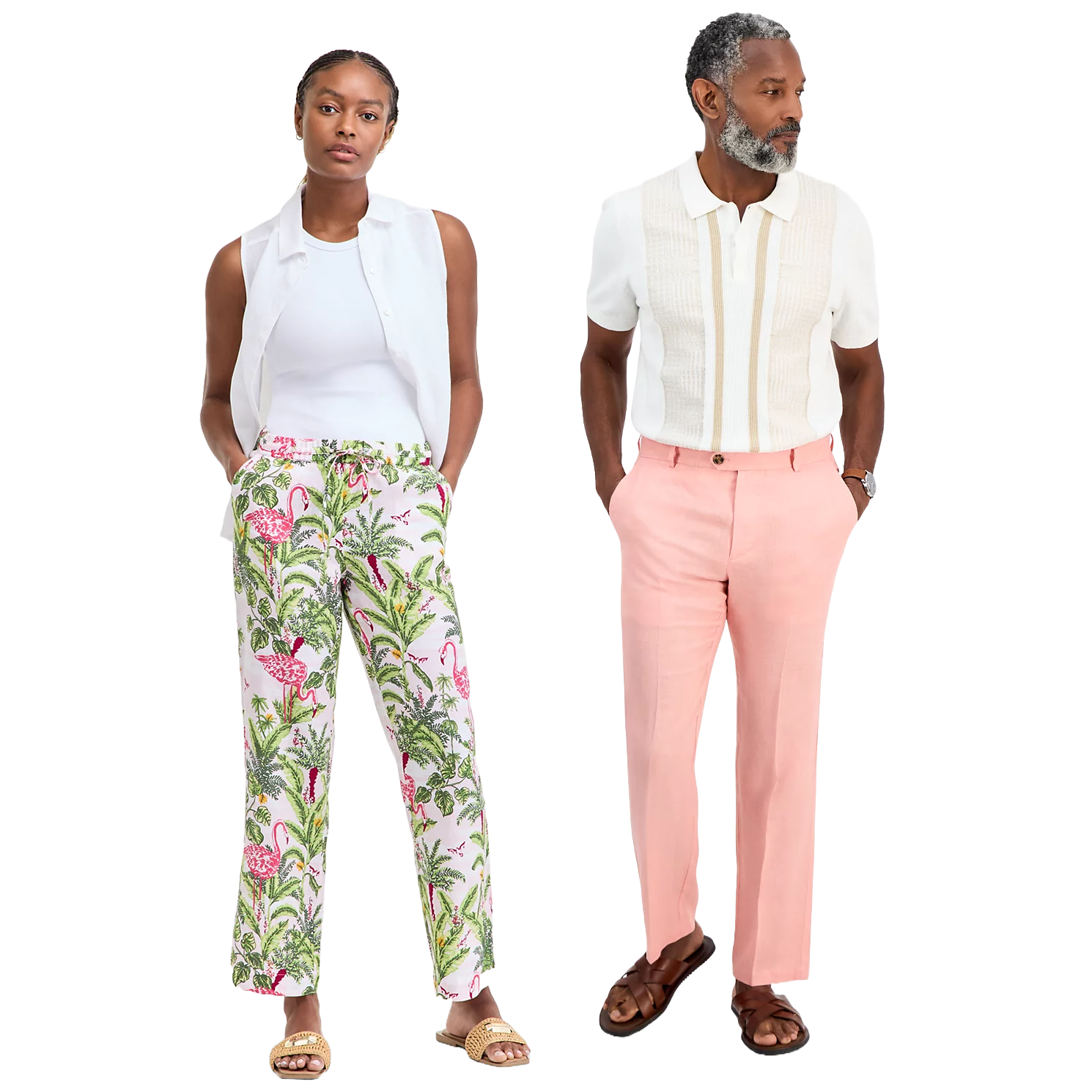 A woman wears a sleeveless white top with leaf and flamingo-printed pants, paired with woven sandals. A man wears a short-sleeve white shirt with textured panels, light pink trousers, and brown sandals.