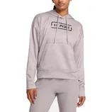 A woman is wearing a light grey hoodie with a front pouch pocket and \“FISH\“ logo on the chest, paired with matching light grey leggings.