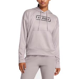 A woman is wearing a light grey hoodie with a front pouch pocket and \“FISH\“ logo on the chest, paired with matching light grey leggings.
