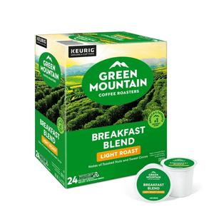 Green Mountain Coffee Roasters Breakfast Blend, Light Roast, 24-pack K-Cup pods with notes of toasted nuts and sweet cocoa.