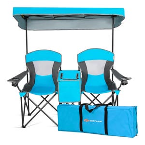 Double camp chair with attached canopy, blue and gray color, featuring a central cooler compartment, cup holders on each armrest, and a foldable design for easy transport, includes a matching carrying bag.