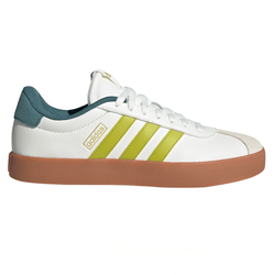 A white adidas sneaker with green stripes, featuring a gum sole and teal heel accent.