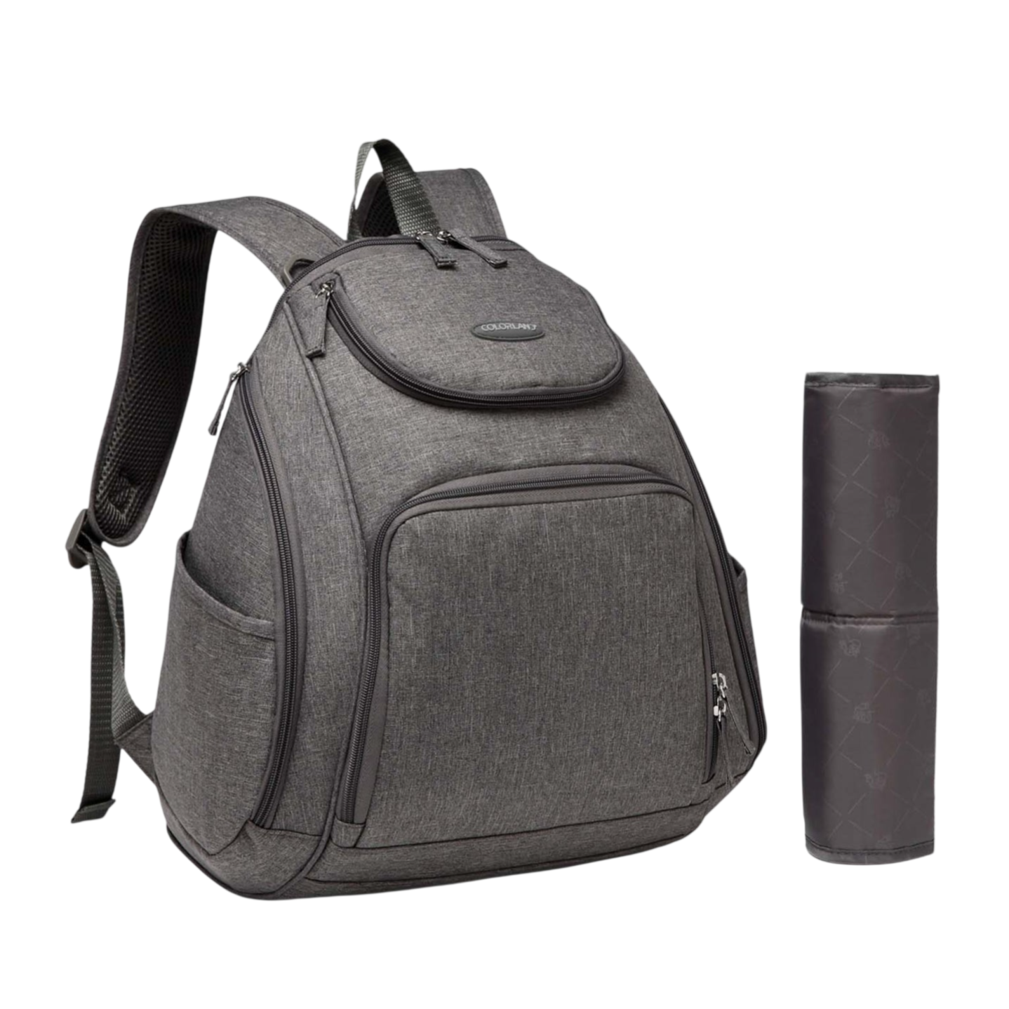 Gray backpack with multiple zippered compartments, padded straps, side pocket, and a cylindrical black mat or bottle holder beside it.