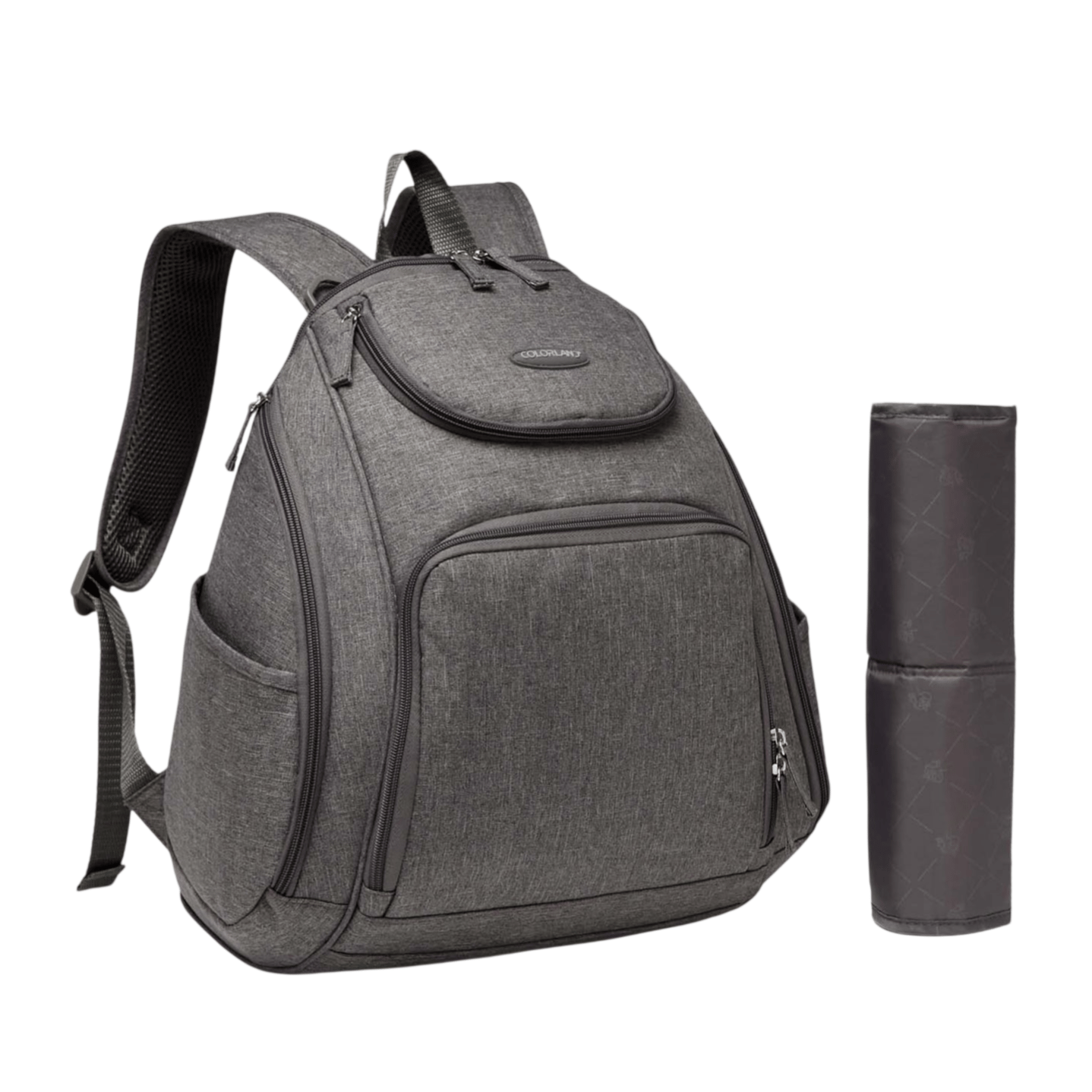 Gray backpack with multiple zippered compartments, padded straps, side pocket, and a cylindrical black mat or bottle holder beside it.