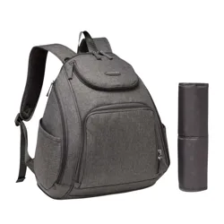 Gray backpack with multiple zippered compartments, padded straps, side pocket, and a cylindrical black mat or bottle holder beside it.