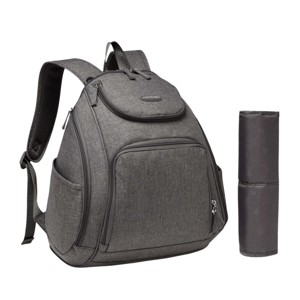 Gray backpack with multiple zippered compartments, padded straps, side pocket, and a cylindrical black mat or bottle holder beside it.