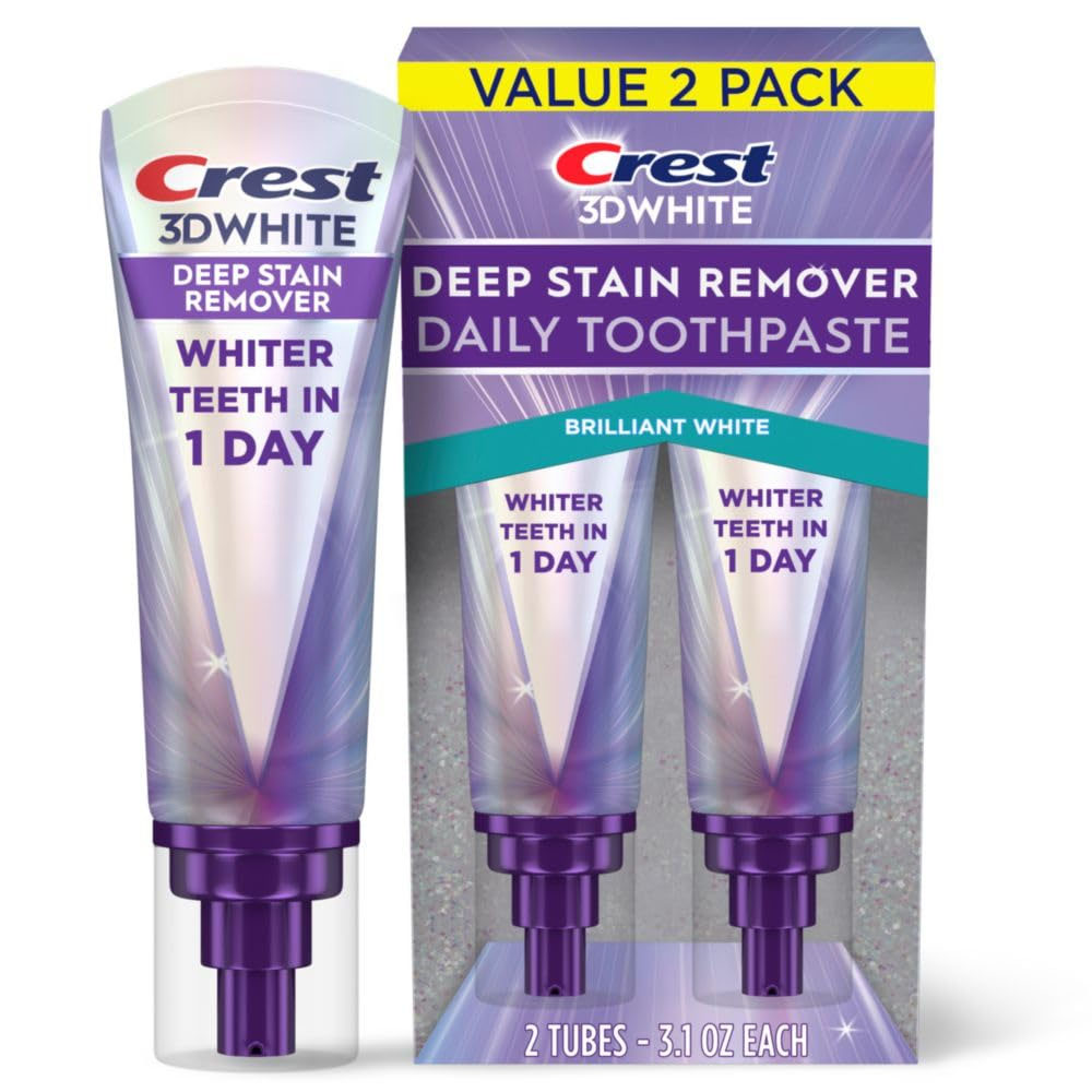 Crest 3D White Deep Stain Remover Daily Toothpaste, Value 2 Pack, promises whiter teeth in one day. Each tube contains 3.1 oz.