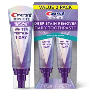 Crest 3D White Deep Stain Remover Daily Toothpaste, Value 2 Pack, promises whiter teeth in one day. Each tube contains 3.1 oz.
