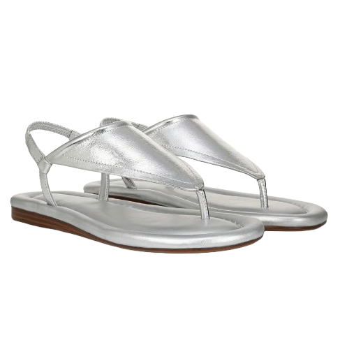 Silver sandals with a thong style and a slingback design, featuring a low wooden sole.