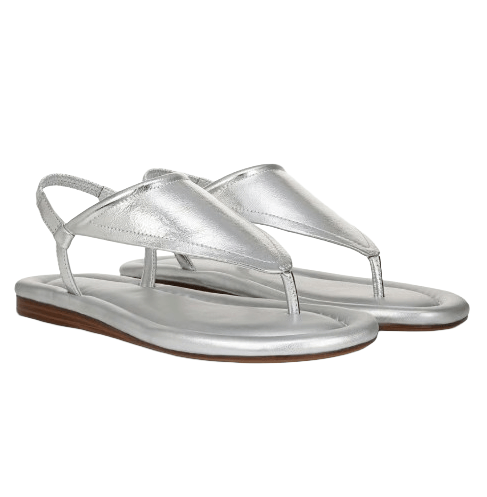 Silver sandals with a thong style and a slingback design, featuring a low wooden sole.