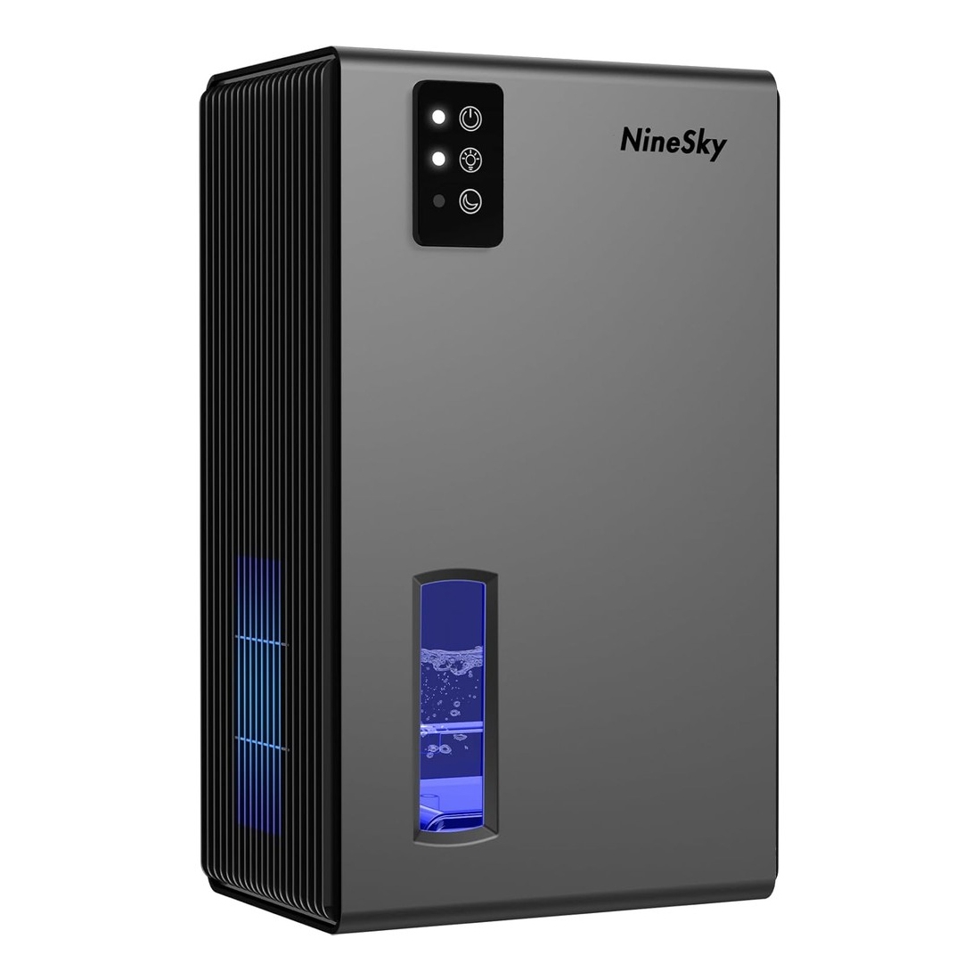 A black NineSky dehumidifier with a digital control panel and visible water tank, featuring a ventilation design on the side.
