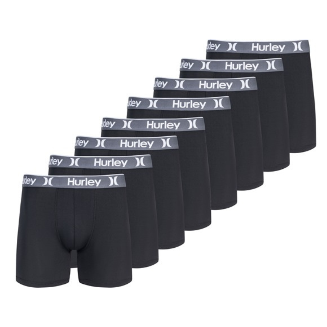 8-pack Hurley boxer briefs in black with a gray waistband featuring the Hurley logo. Classic design, comfortable fit.