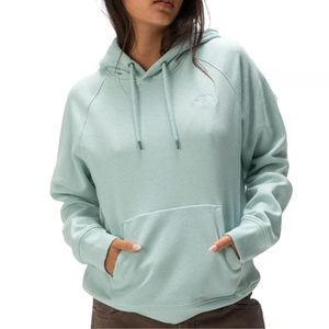 Mint green hoodie with The North Face logo, featuring a relaxed fit, kangaroo pocket, drawstring hood, and ribbed cuffs and hem.