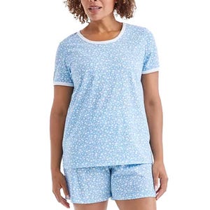 Blue floral short-sleeve pajama set with white accents, featuring a round-neck top and matching shorts.