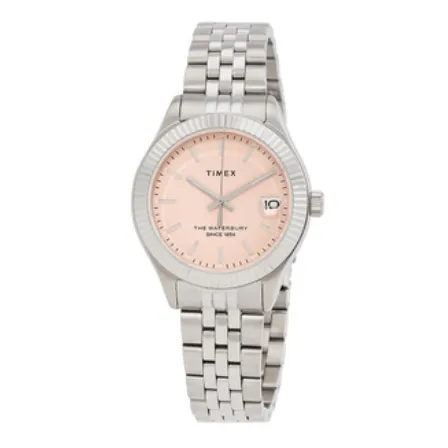 A Timex watch with a silver stainless steel bracelet and bezel, featuring a pink dial with a date display at the 3 o'clock position.