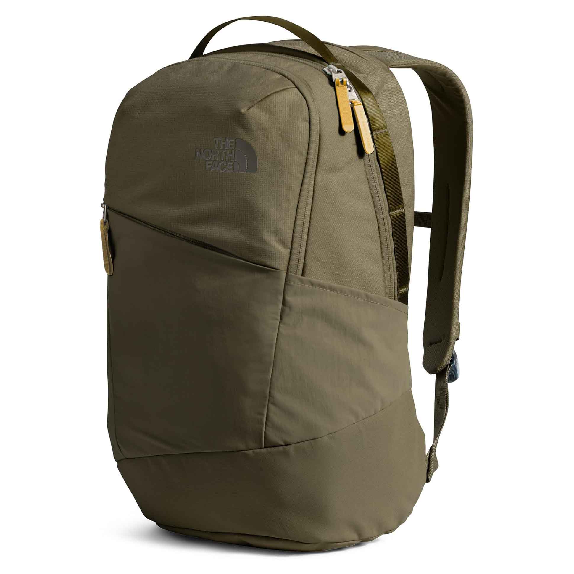 Olive green backpack with an ergonomic design, featuring a top handle, adjustable padded straps, and multiple compartments, including a front zip pocket. The North Face logo is embossed on the upper front.