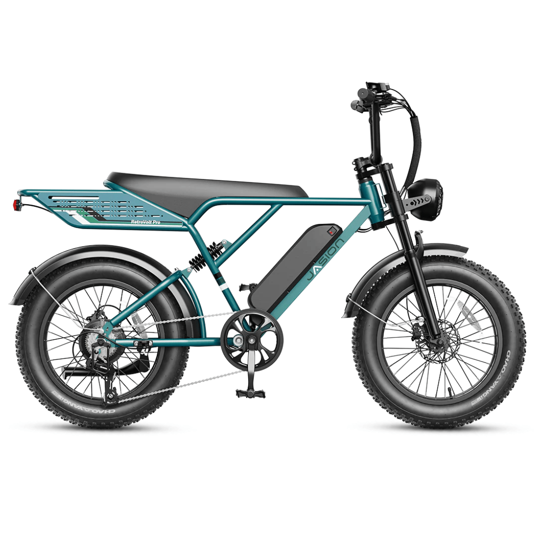 Jasion EB7 2.0 Offroad Ebike features a teal frame, fat tires, rear cargo rack, and a mounted battery.