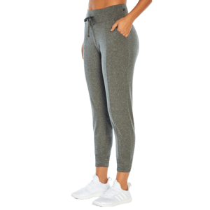 Gray athletic jogger pants featuring a drawstring waist, side pockets, and a slim fit design, paired with white sneakers.