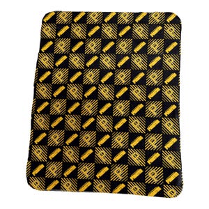 A black and yellow patterned blanket featuring a repeating design of a letter \“R\“ and a stylized stripe pattern arranged in alternating squares.