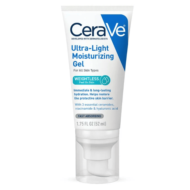 CeraVe Ultra-Light Moisturizing Gel, suitable for all skin types, provides weightless, long-lasting hydration and helps restore the skin barrier with essential ceramides, niacinamide, and hyaluronic acid. Size: 1.75 FL OZ (52 mL).