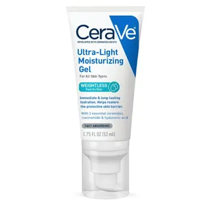CeraVe Ultra-Light Moisturizing Gel, suitable for all skin types, provides weightless, long-lasting hydration and helps restore the skin barrier with essential ceramides, niacinamide, and hyaluronic acid. Size: 1.75 FL OZ (52 mL).