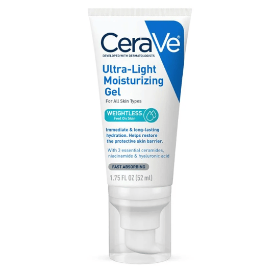 CeraVe Ultra-Light Moisturizing Gel, suitable for all skin types, provides weightless, long-lasting hydration and helps restore the skin barrier with essential ceramides, niacinamide, and hyaluronic acid. Size: 1.75 FL OZ (52 mL).