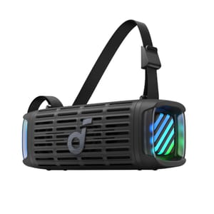 Black cylindrical Soundcore portable outdoor speaker with a grid design, LED lights on the sides, and an adjustable strap for carrying.