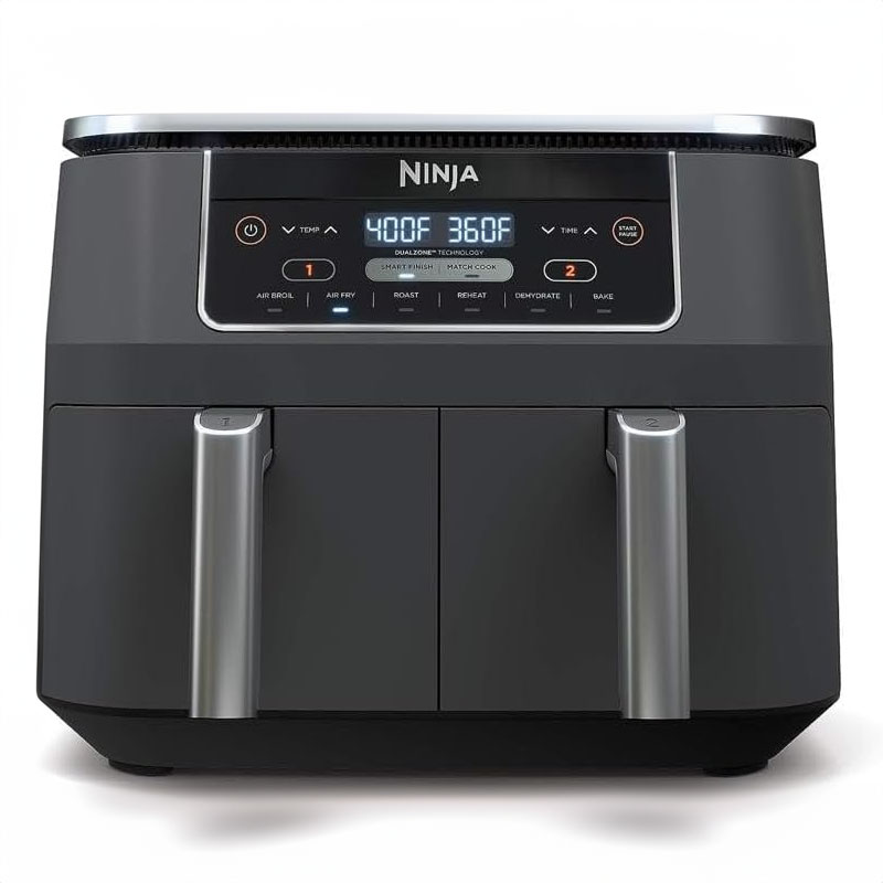 A Ninja Dual-Basket Air Fryer with a digital display showing two different temperatures for each basket, designed for cooking multiple foods simultaneously.